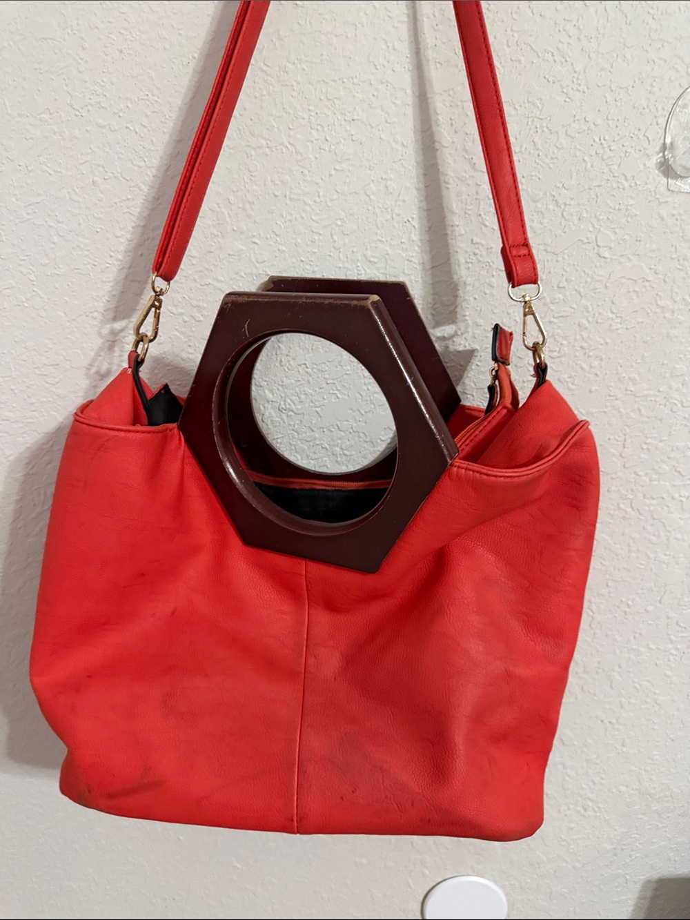 Red Women's Shoulder Bag with Hexagon Handle